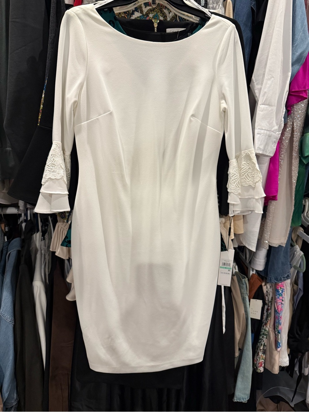 Calvin Klein White Midi Dress with Lace and Chiffon Bell Sleeves